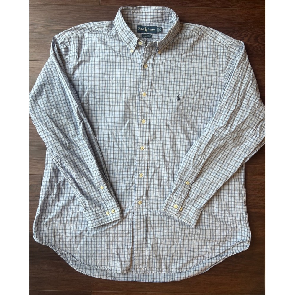 Ralph Lauren Yarmouth Mens 17.5 36/37 Blue Plaid Cotton Button Down Shirt